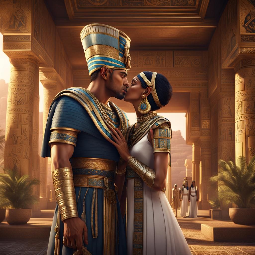 A handsome Ancient Egyptian nobleman kisses a beautiful Ancient Egyptian noblewoman in a luxurious palace.