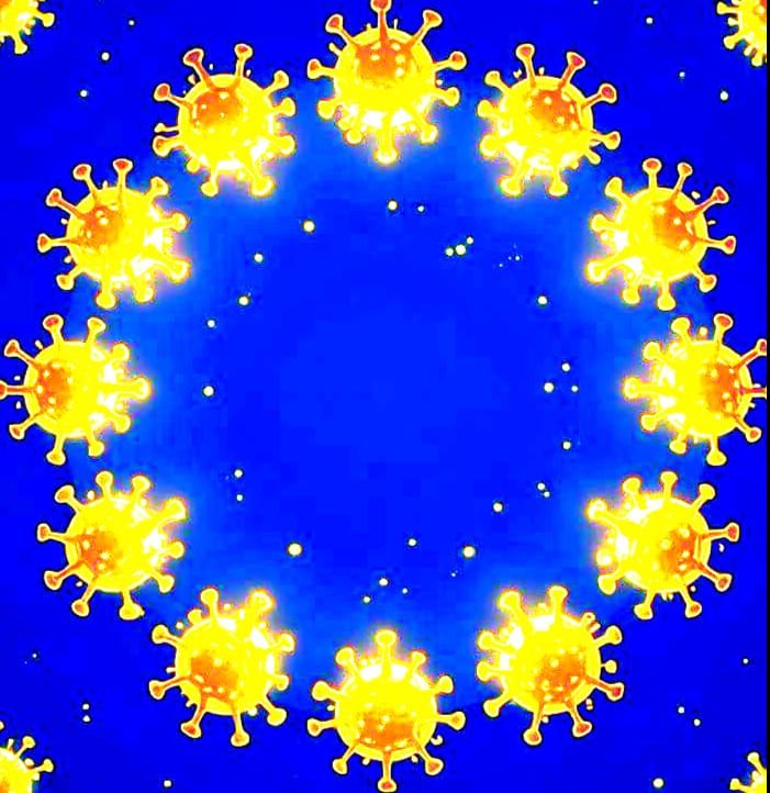 Flat bright blue background (#0057B8). One single central circle only, exactly twelve yellow virus particles with spiky virus shape, glowing...