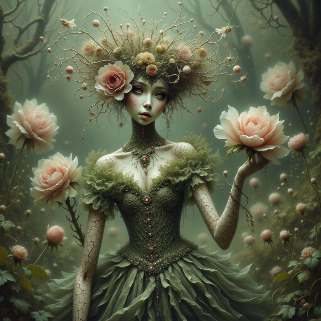 <lora:WispyFluxated:1.0><lora:Soft Flux:1.0><lora:Lovely Touch:1.0><lora:PuppetQueen:1.0> A half human, half plant creature with a cracked p...