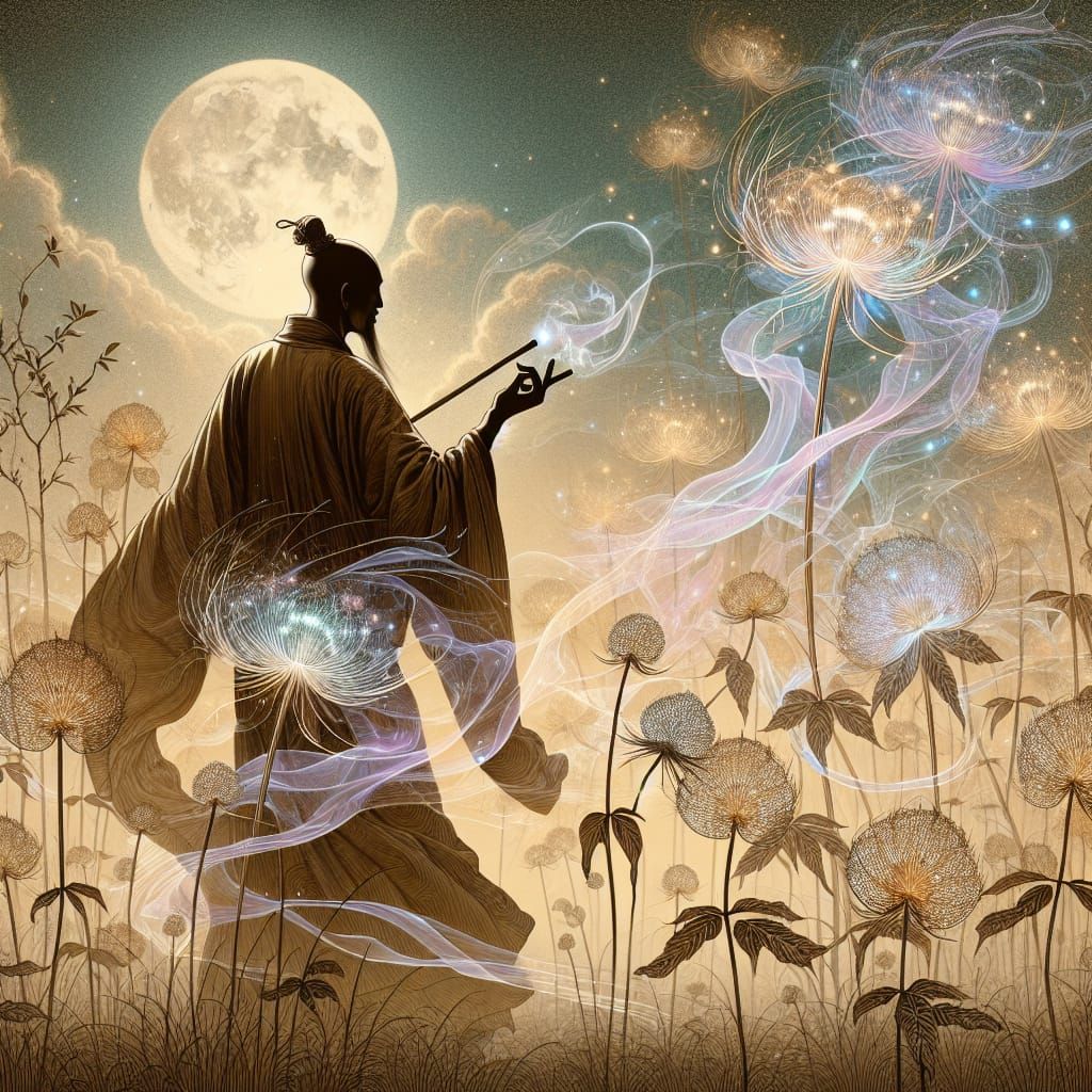Shaolin Monk in Moonlit Flower Field