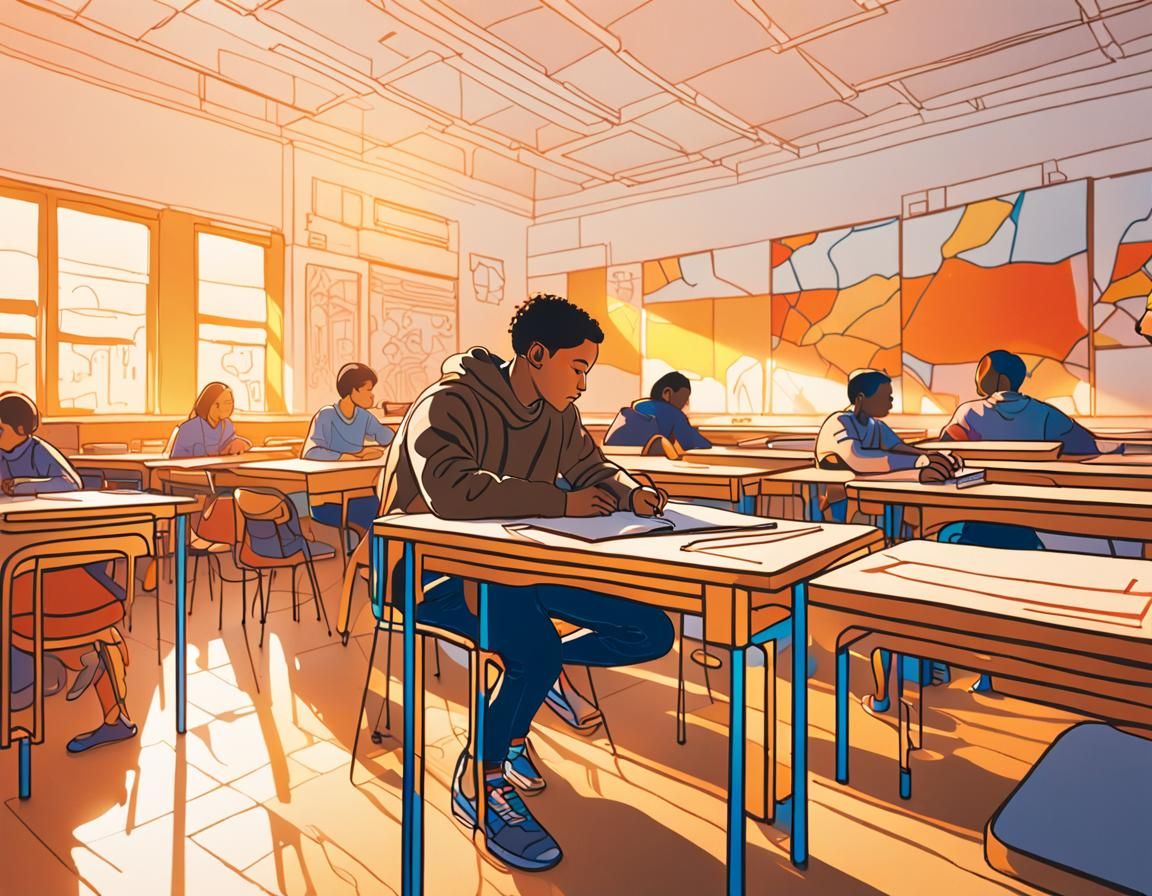 A line art drawing of a classroom with simple lines and shading. Hyper ...