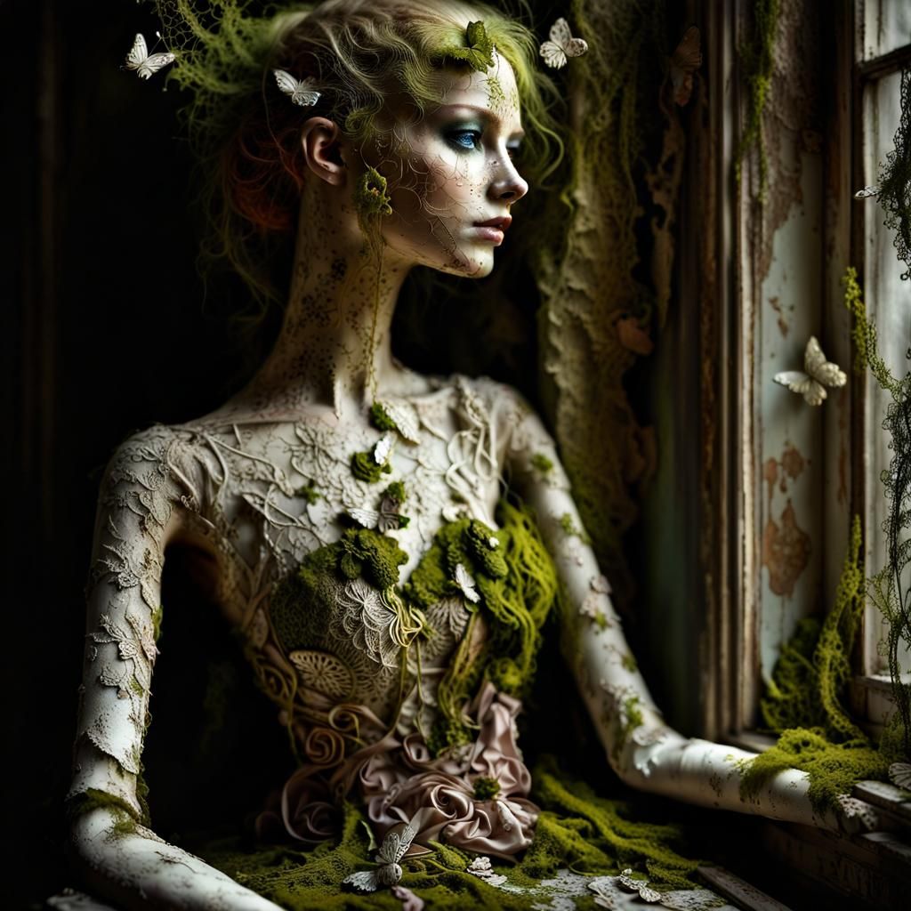 a rotting forgotten broken mannequin, covered in delicate filigree ...