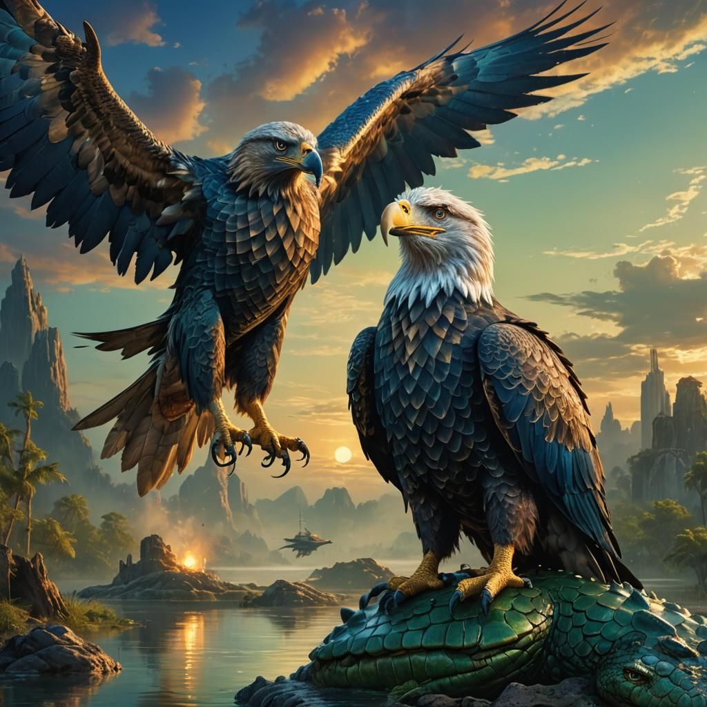 Eagle Perched on Crocodile: Fantasy Concept Art