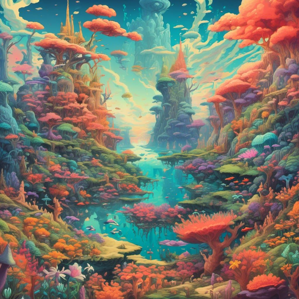 <lora:magination v1:1.0> Envision a fantastical landscape where the sky is a canvas of bioluminescent colors, reflecting in a crystal-clear,...