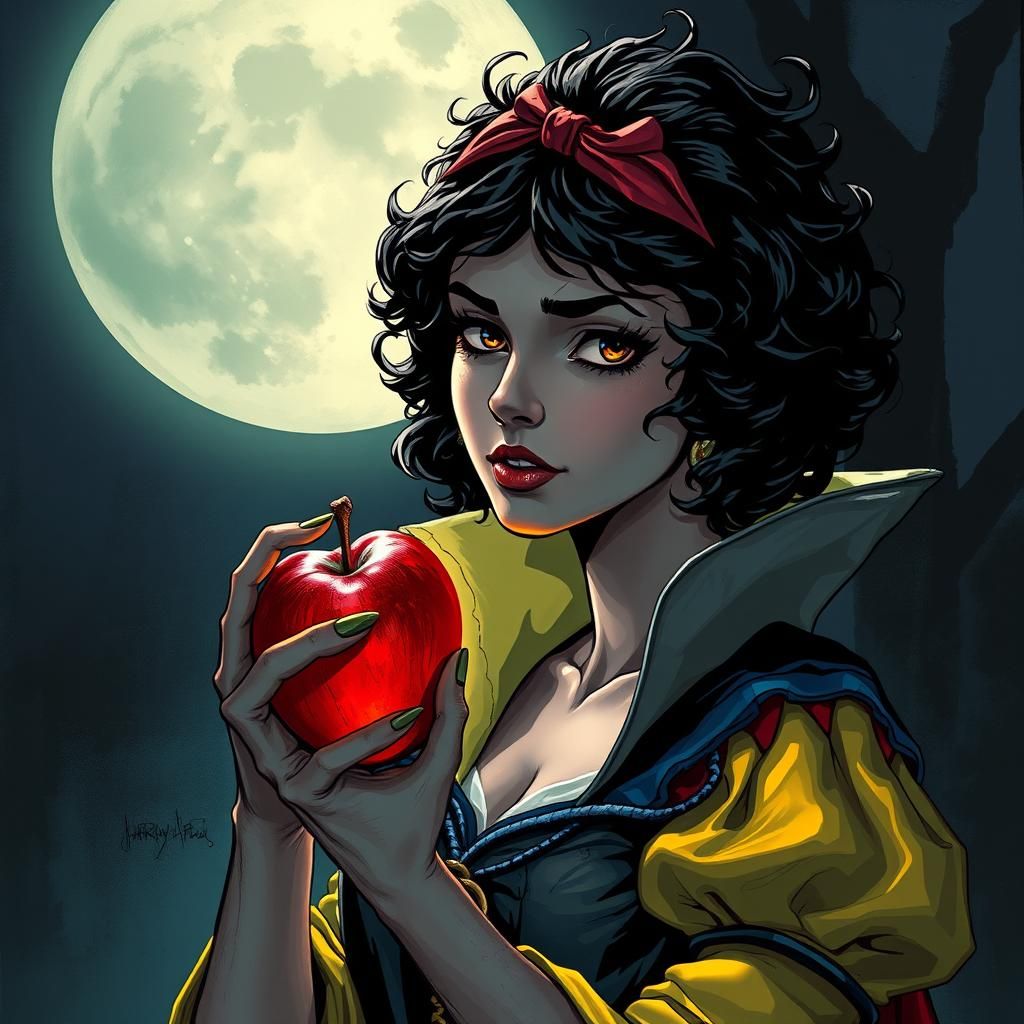 dark snow white, horror, scary, creepy, eerie, dark, short black curly hair, signature outfit but tattered, holding a poison apple