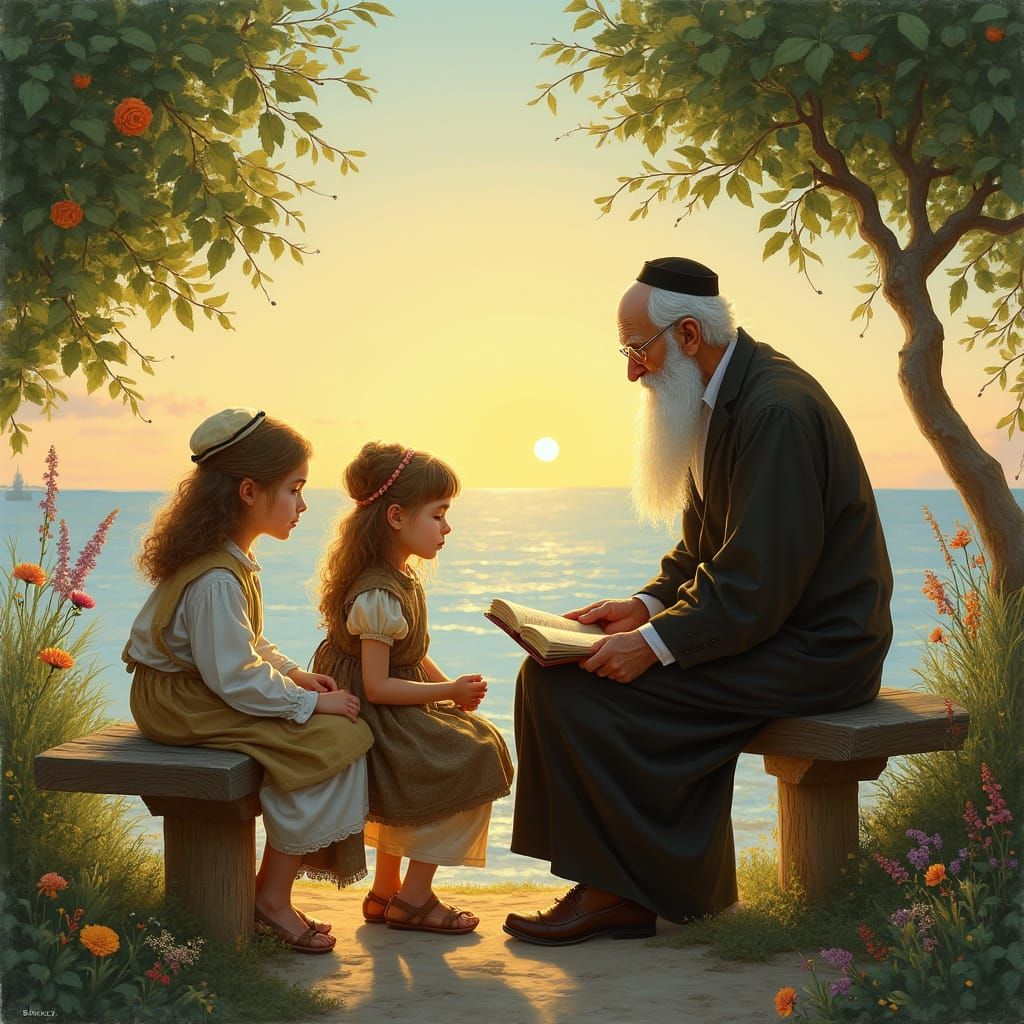 Two Young Children Study Torah in Dreamy Coastal Scene