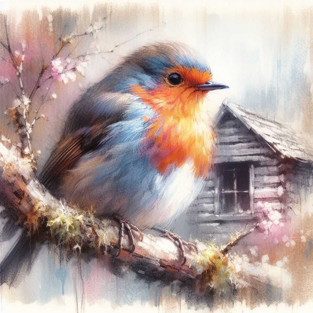 Stunning Pastel Color Sketch Robin on a branch