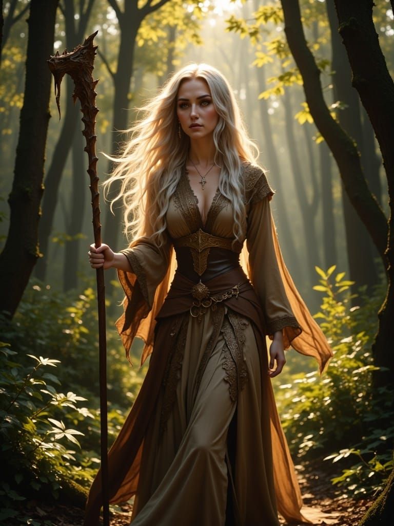 <lora:Empathy:1.0> Realistic fantasy digital art, mythical creature a female Aasimar Druid, walking pose, carrying a large ornate staff made...