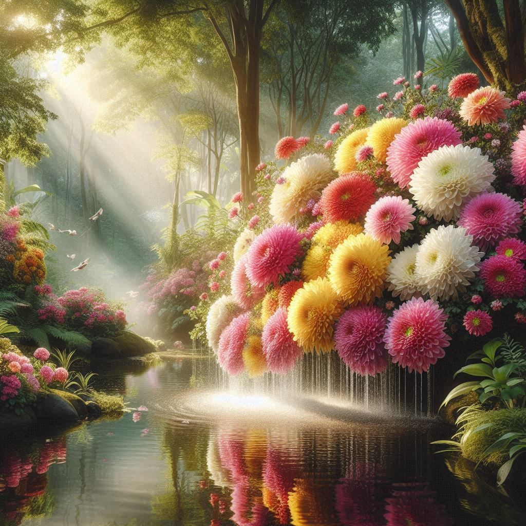 Chrysanthemums on a waterfall