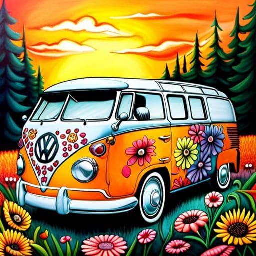 Hippie Flower Van - AI Generated Artwork - NightCafe Creator