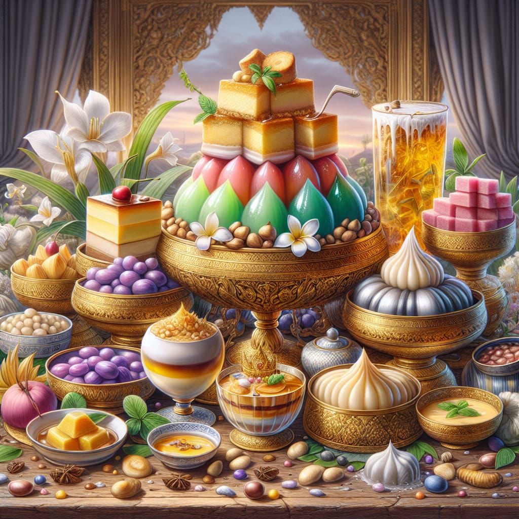 Exquisite Thai Desserts in Golden Bowl: Matte Painting
