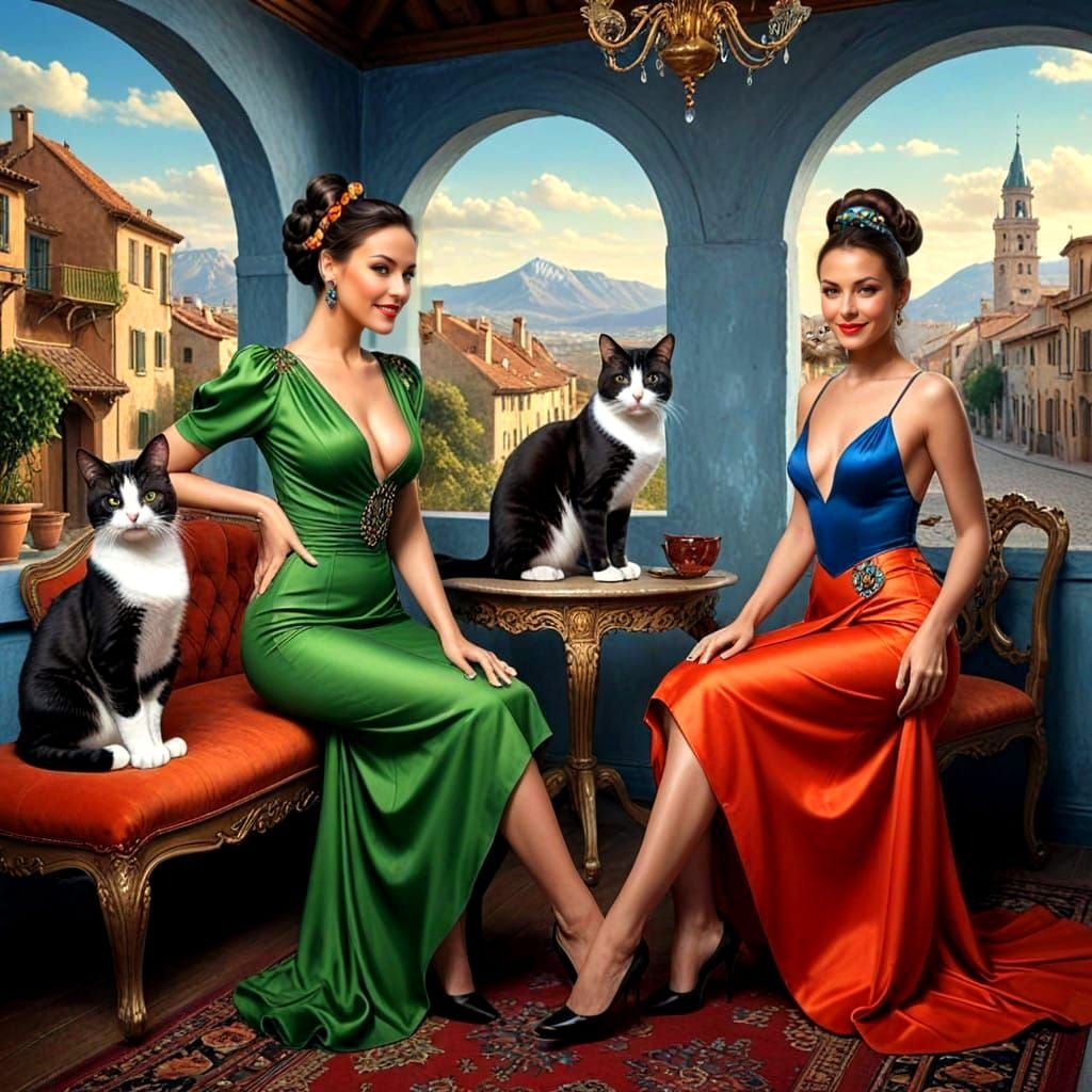 Surrealistic Portraits of Women and Cats in Vibrant Scenes