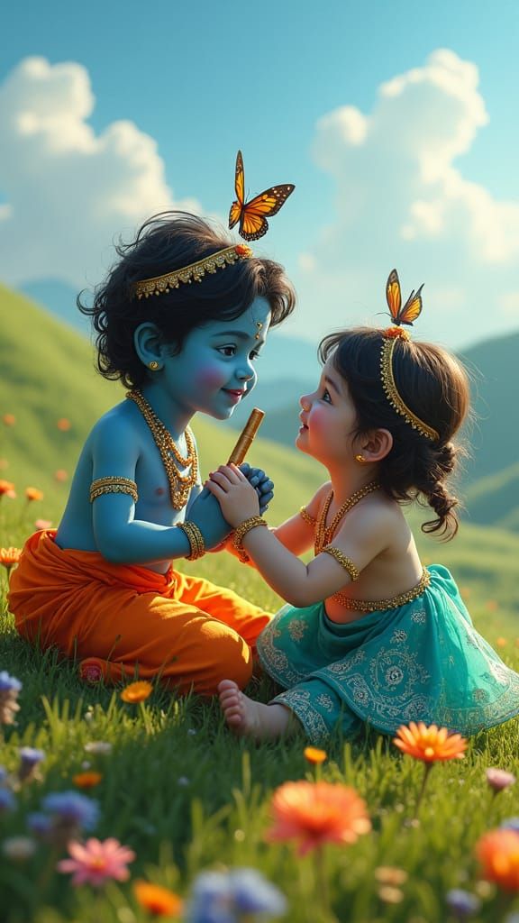 Create a hyper-realistic image of Radha and Krishna as 3-4 year old toddlers from a low-angle perspective, capturing them as the focal point...