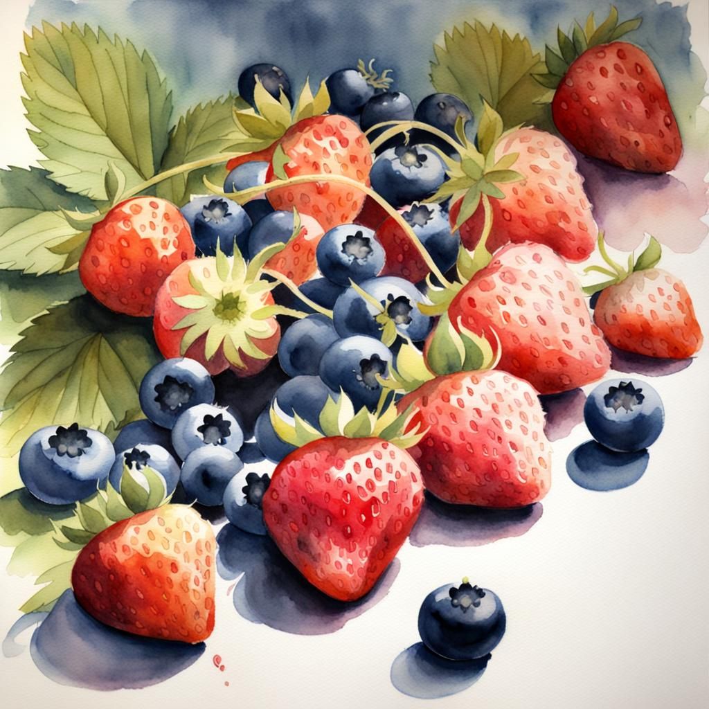 strawberries and blueberries watercolor