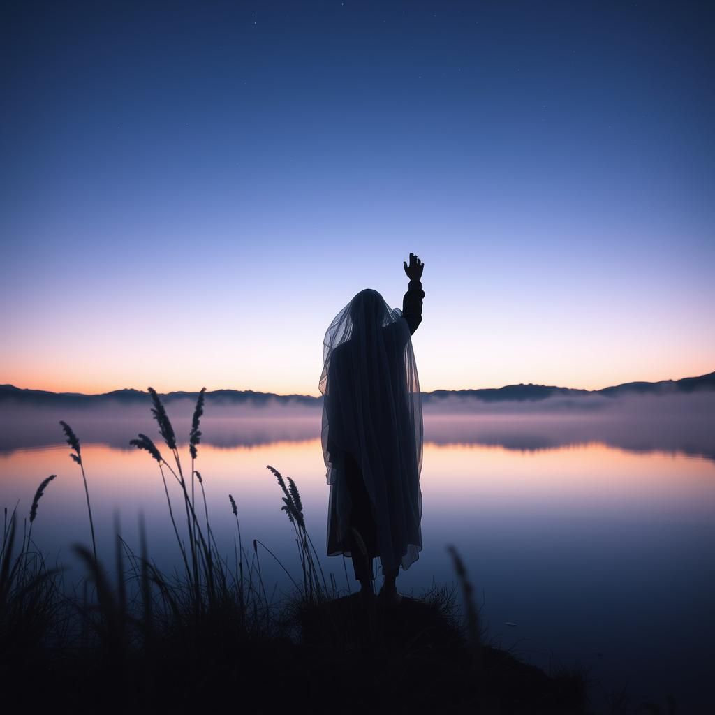 A vast, open landscape at twilight, with the horizon fading between