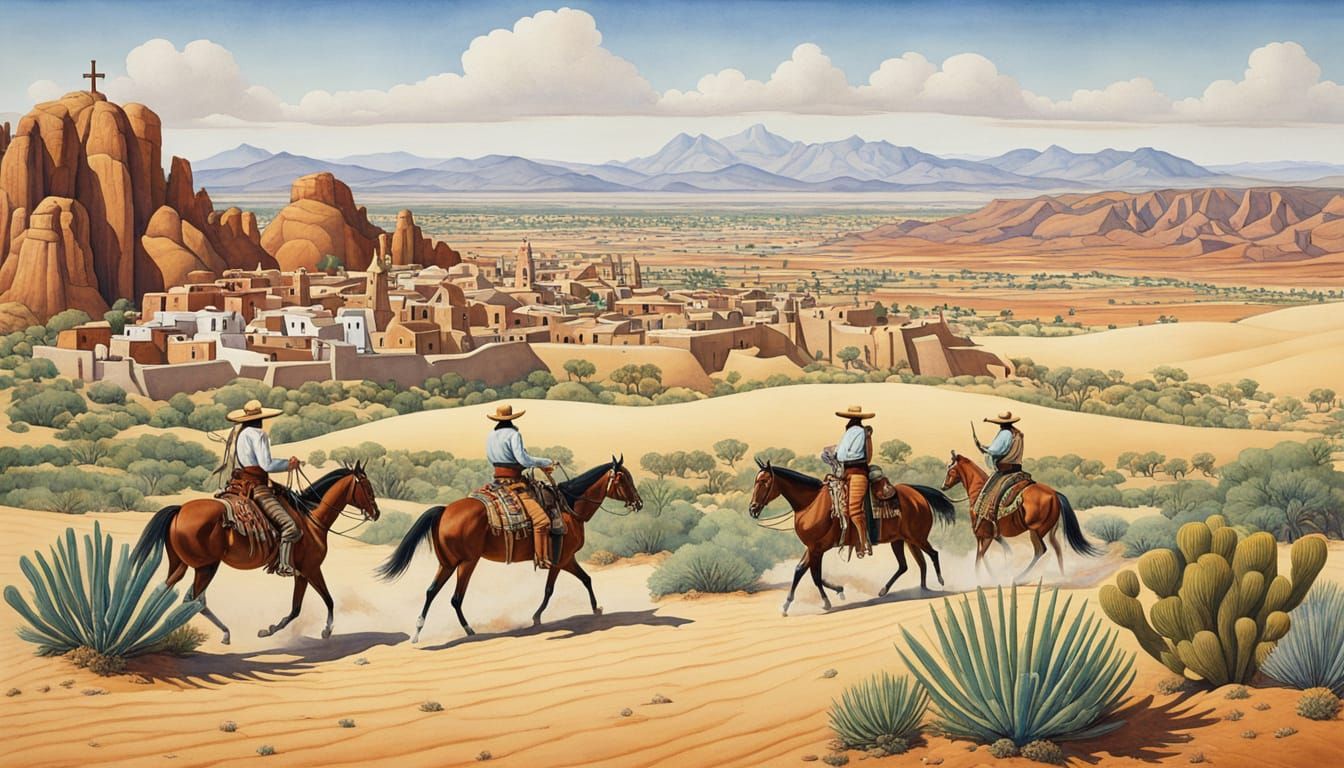 Mexican Church in Desert, Watercolor and Ink Style