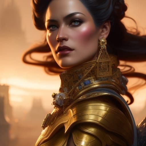Gorgeous beautiful regal confident Queen sitting on a golden...