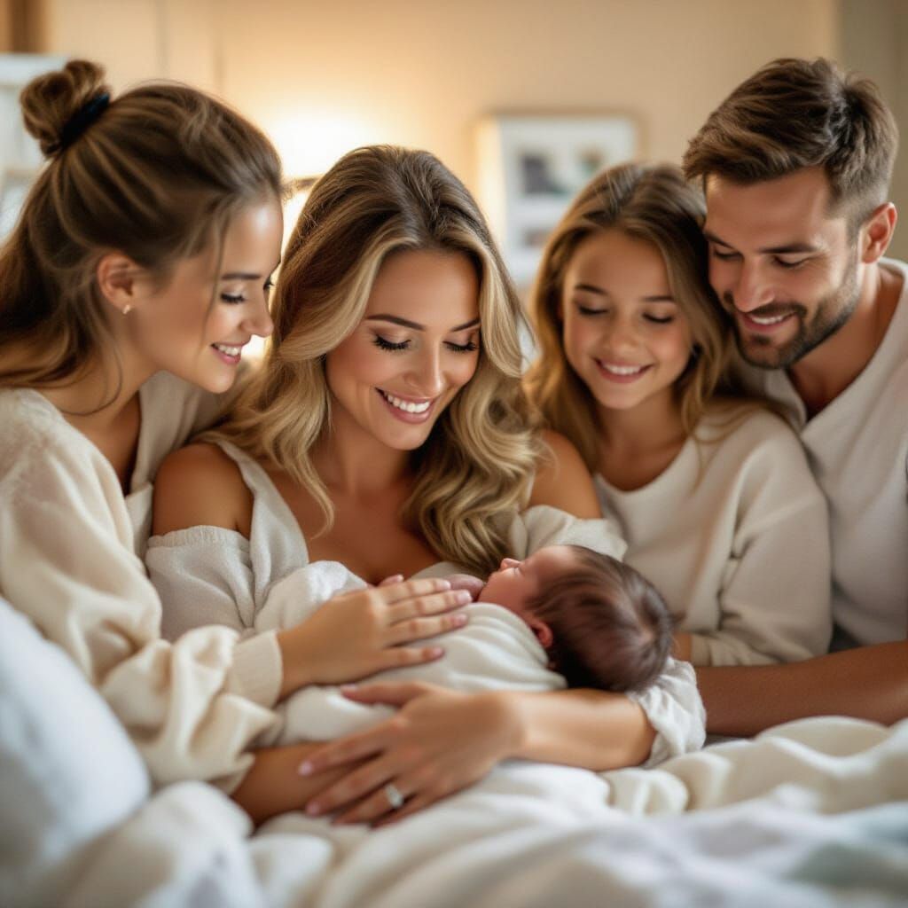 A beautiful  blond mother after an at home birth holding her baby for the first time. Her other two 18year ...  by @Stargazer