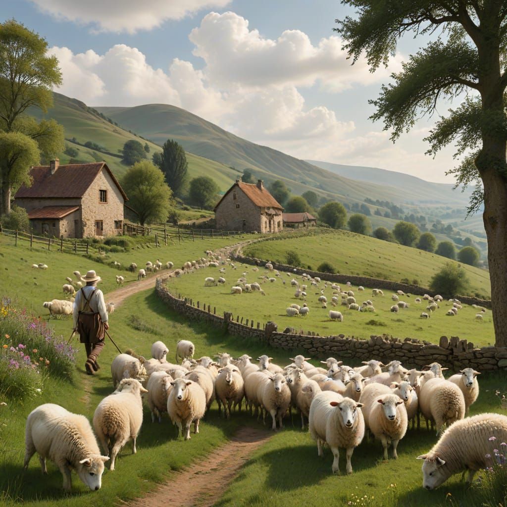 Peaceful Shepherd and Flock in Meadow Oil Painting