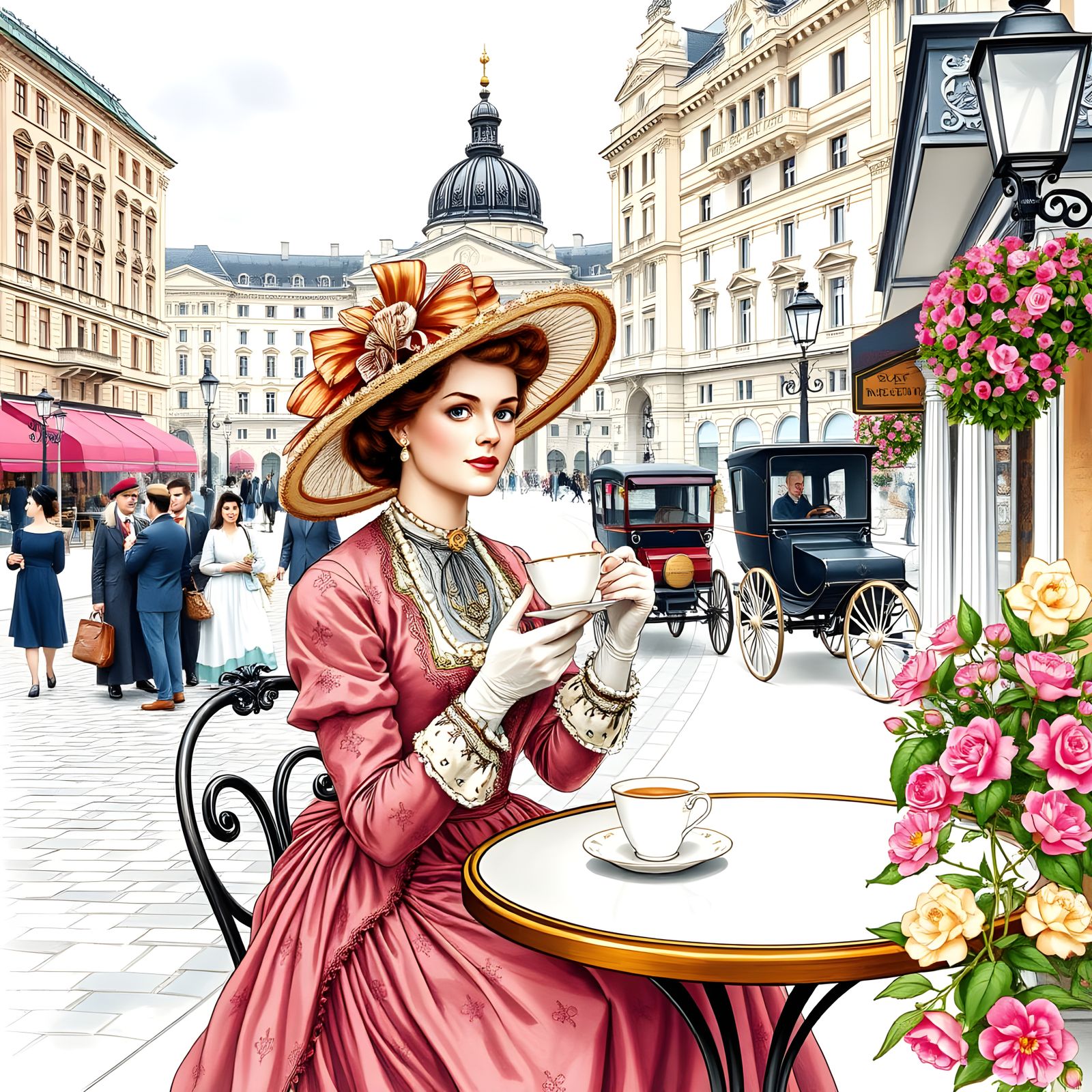 Viennese Woman at Cafe Central in Watercolor Style