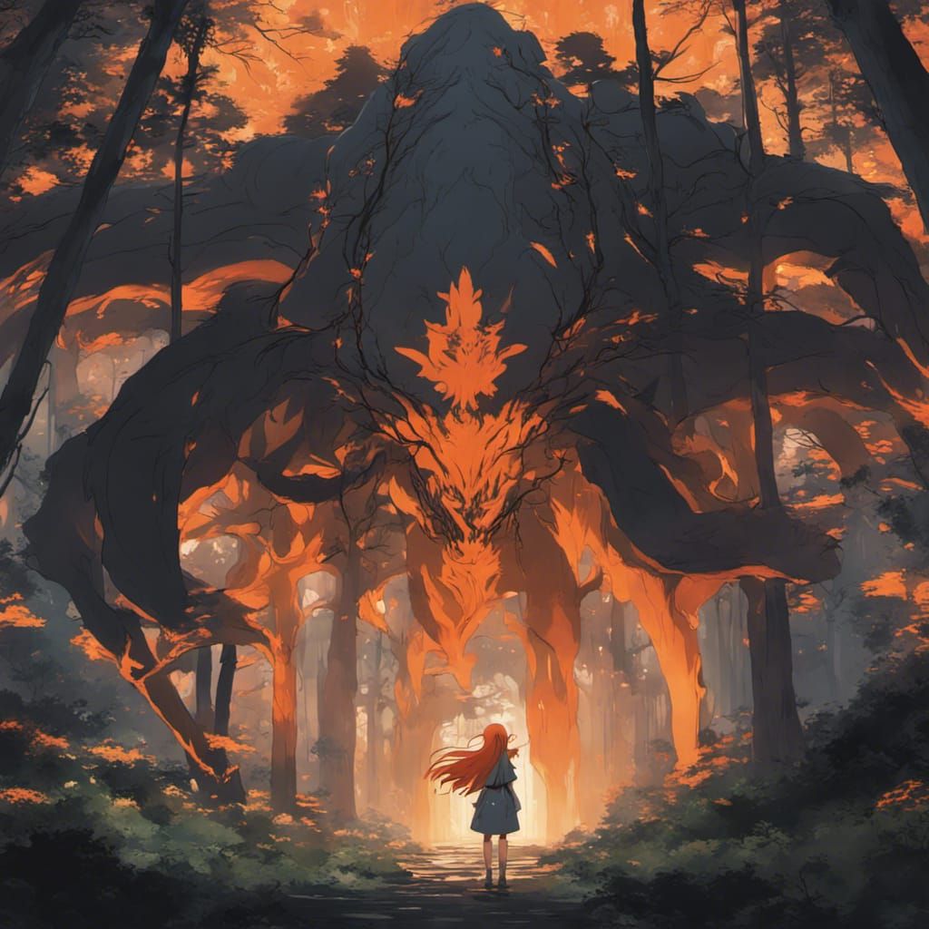 serious woman long bright orange hair fantasy saint with lar...