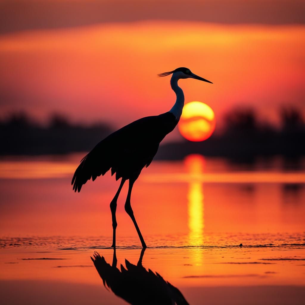 The silhouette of a graceful crane in front of a brilliant sunset  by @Tangled Serendipity