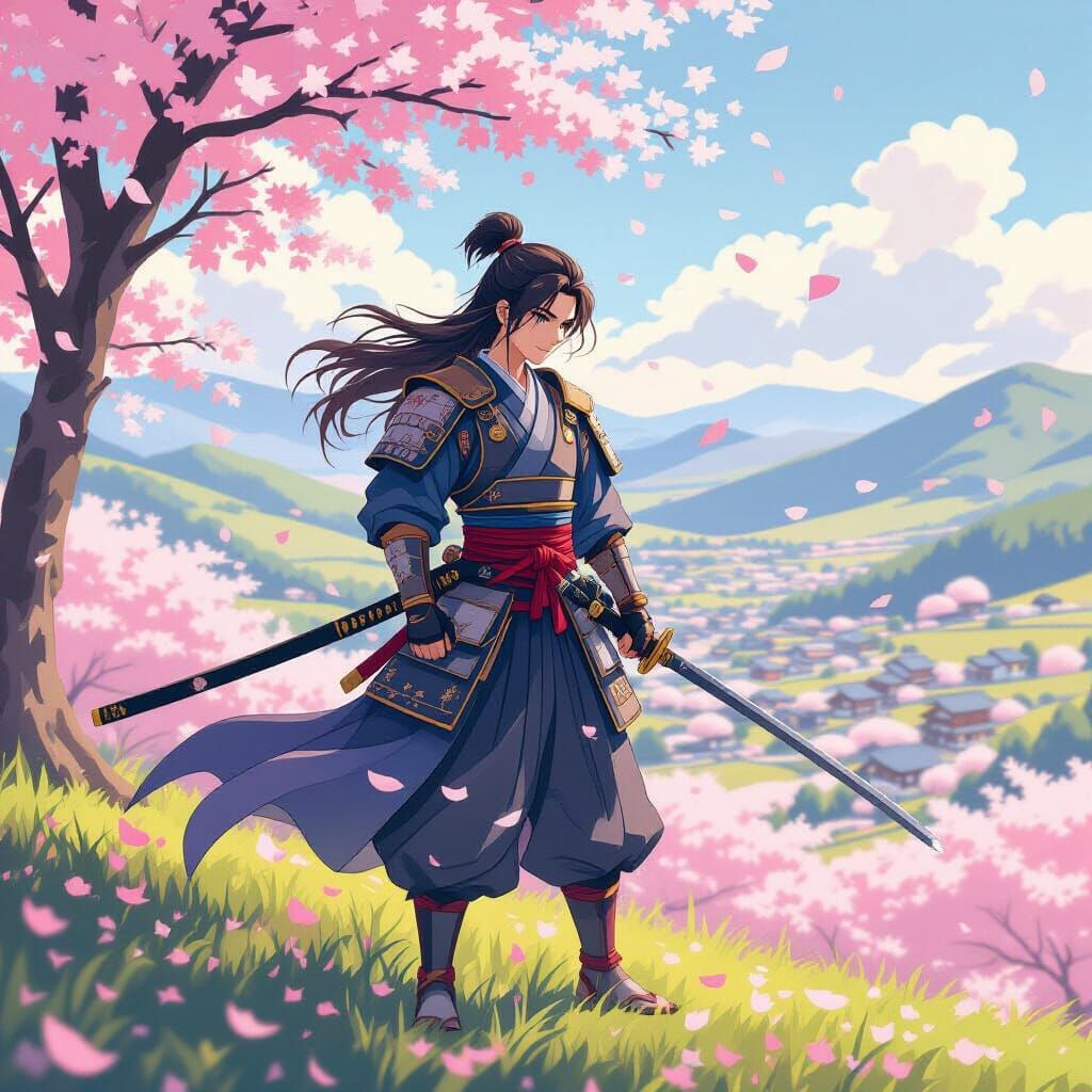 Anime Swordsman in Cherry Blossom Landscape