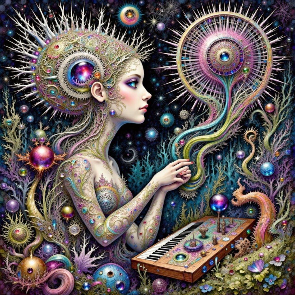 <lora:Orb Music:1.0> <lora:Eco Flow:1.0> COSMIC FILIGREE MYSTIC BEING KEYBOARD PLAYER WITH BOWED FRACTAL HEAD IN CONTEMPLATION, BICYCLE, Heb...