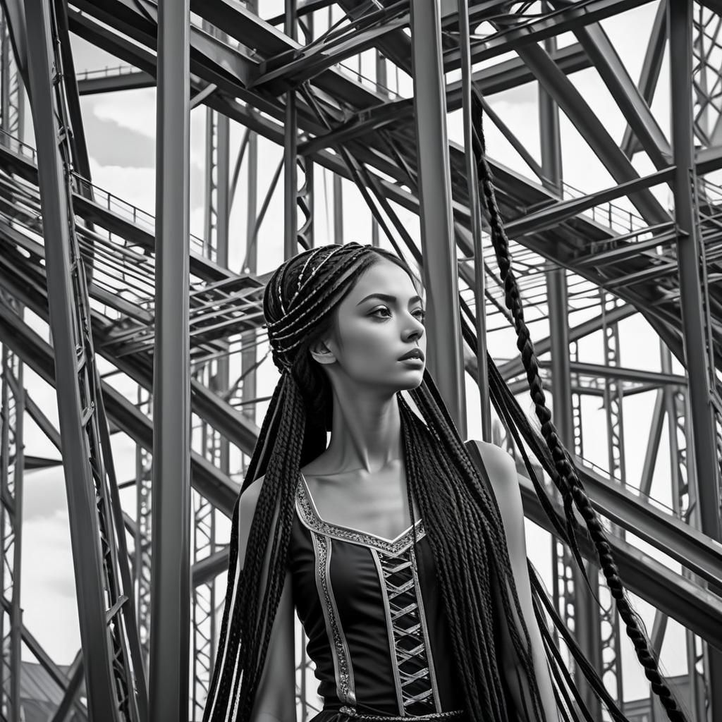 Ragazza bruna in una struttura d'acciaio.