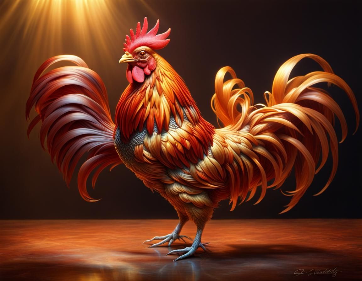 a shiny iridescent golden Rhode island red rooster