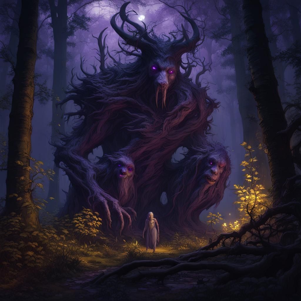 Creepy dark creatures in the forest in the moonlight