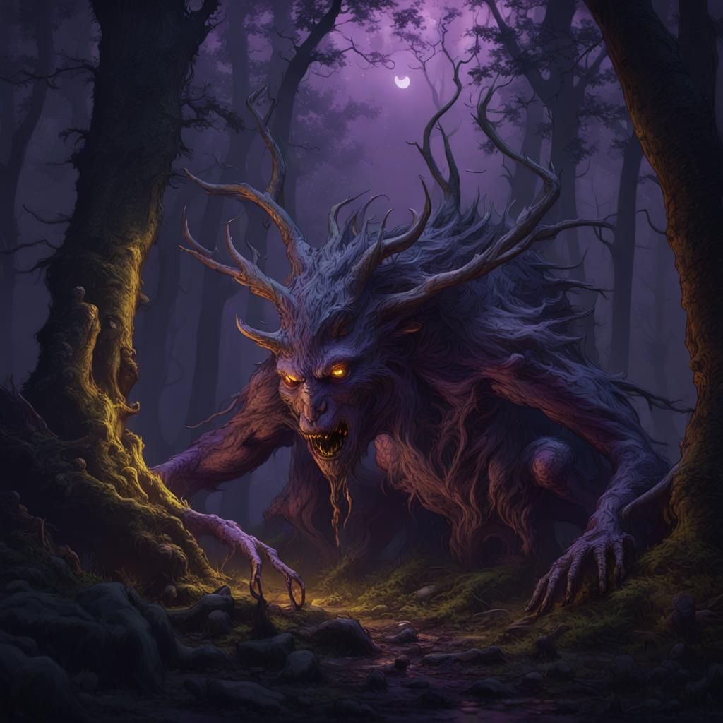 Creepy dark creatures in the forest in the moonlight