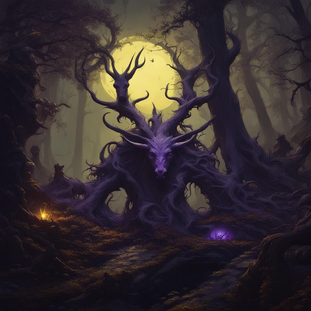 Creepy dark creatures in the forest in the moonlight