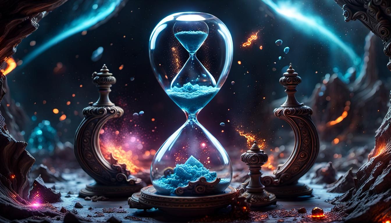 smashing an hourglass , infinite time, extreme detail, cosmi...