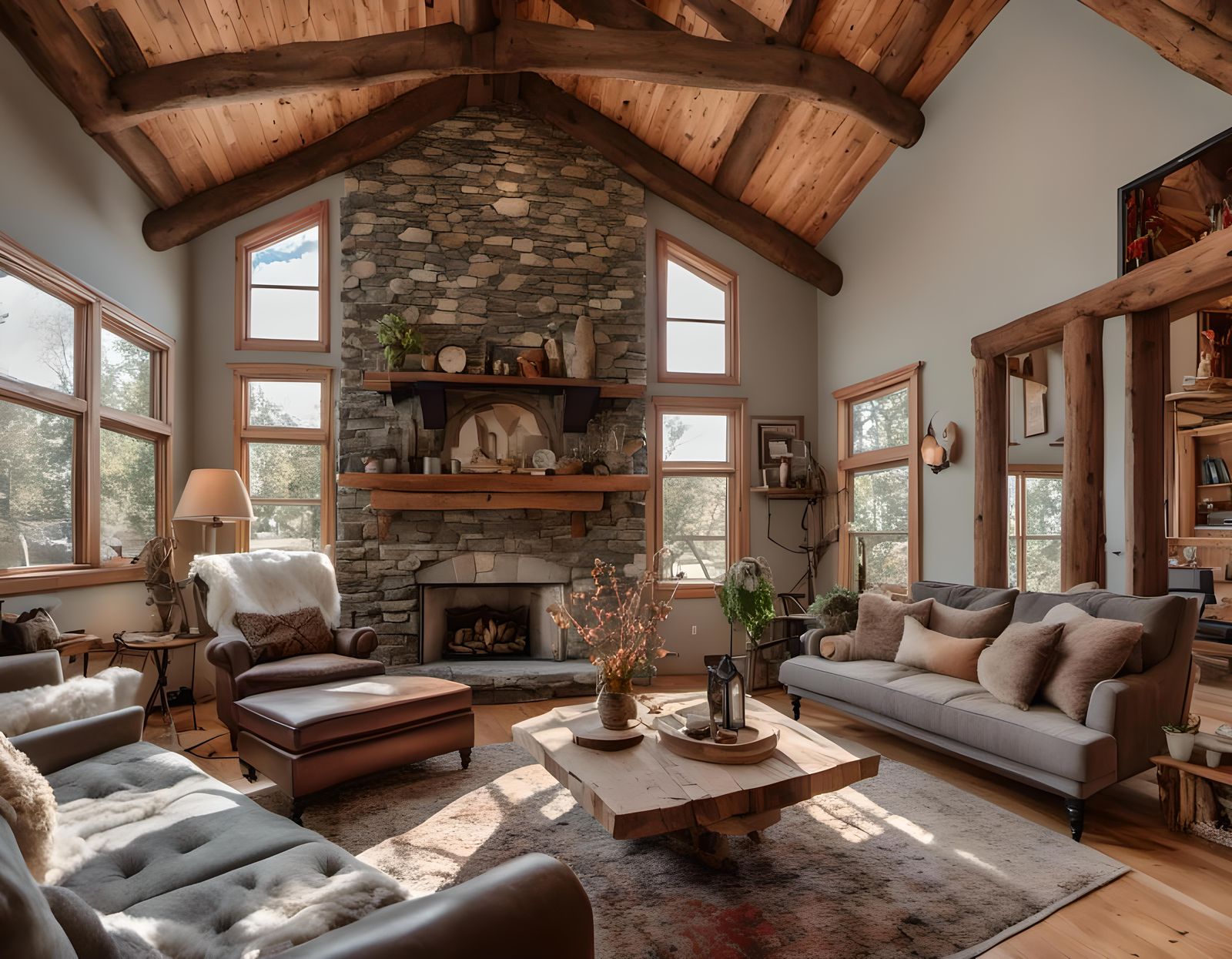 rustic living room, fireplace, interior design, real estate photography, sharp detail, <lora:Photo Capture:1.0> 