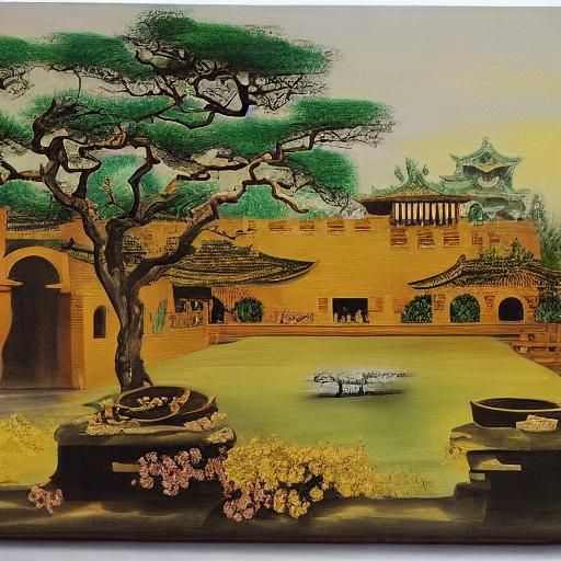 Chinese Ink Painting of Building with Jacaranda Trees