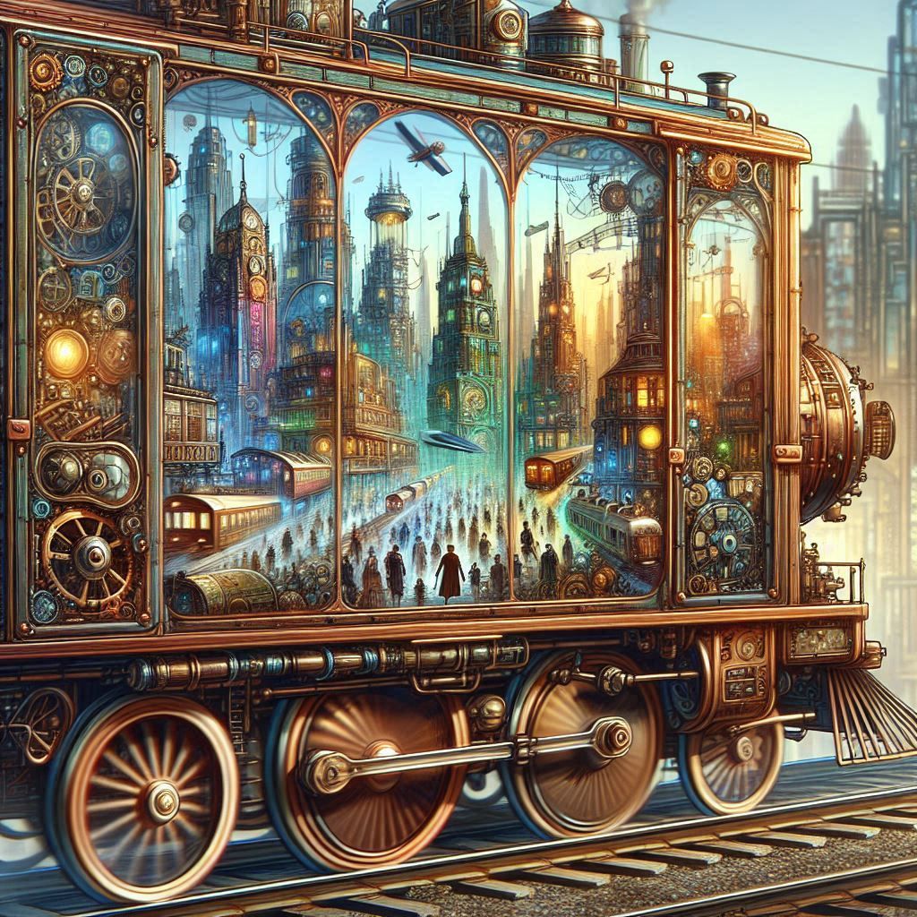 2d close-up image of a left side of steampunk train, made out of transparent glass with copper frames, in which a vivid ...