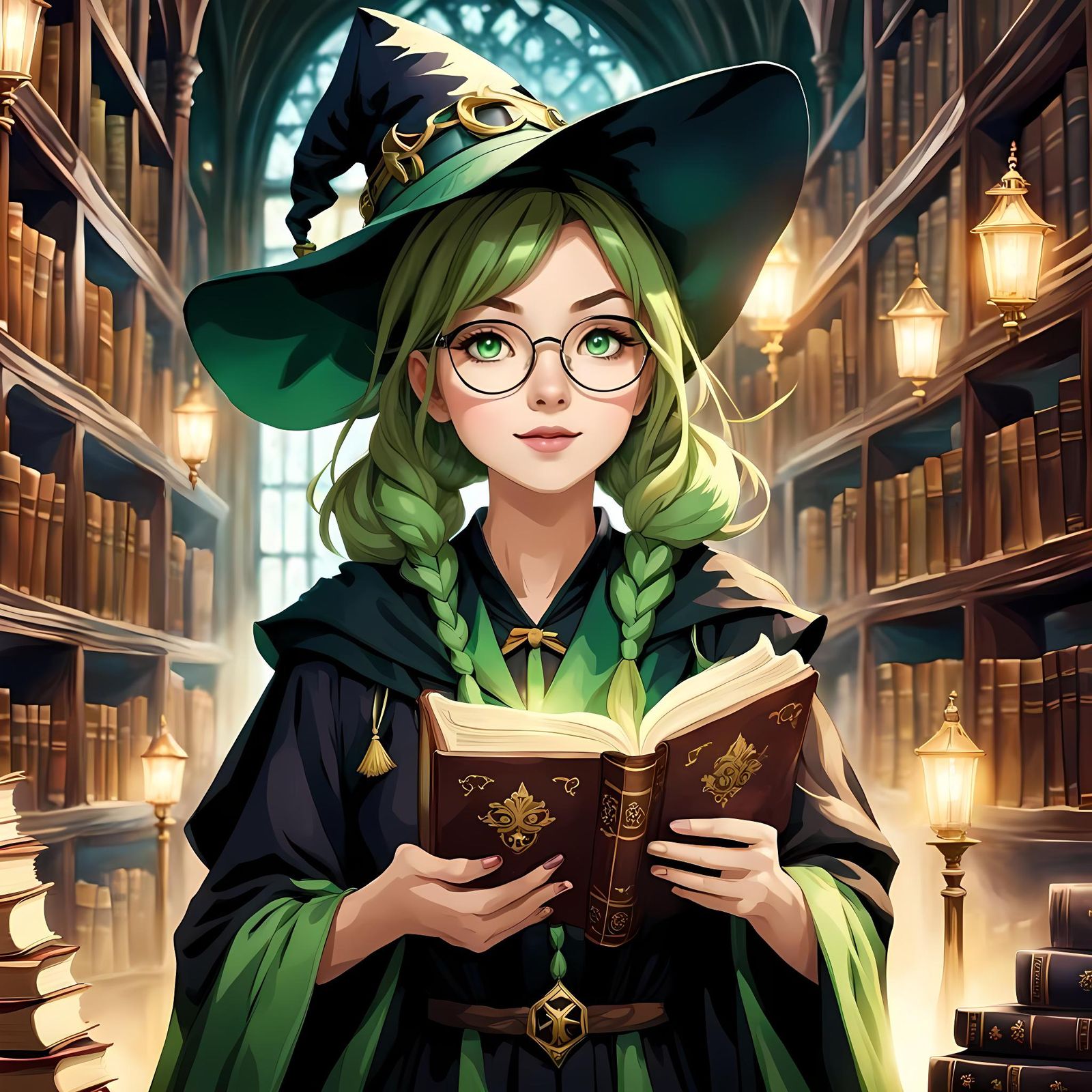 Wizard girl holding an old book in library.   by @Evipls
