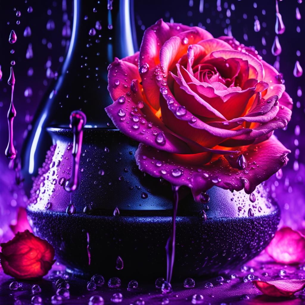 A purple rosé with waterdrops in a black vase. under a neon ...