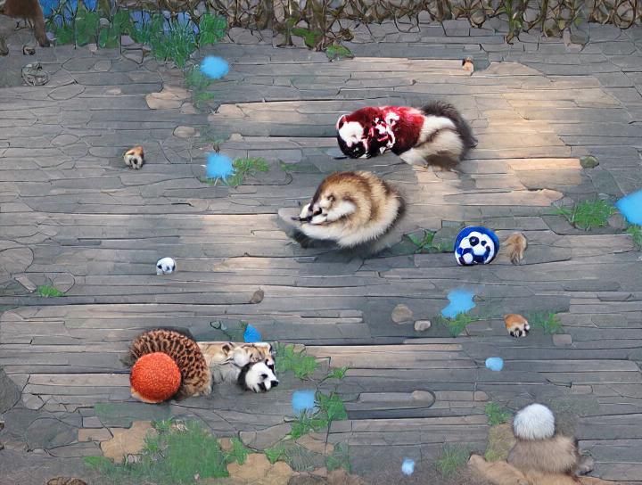 A hedgehog and a red panda and a husky playing together