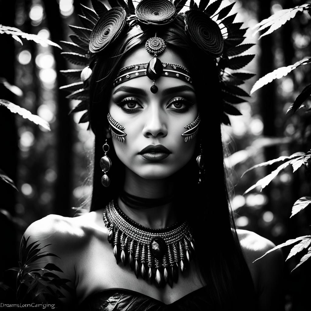 chiaroscuro style beautiful tribal women portait, forest, hi...