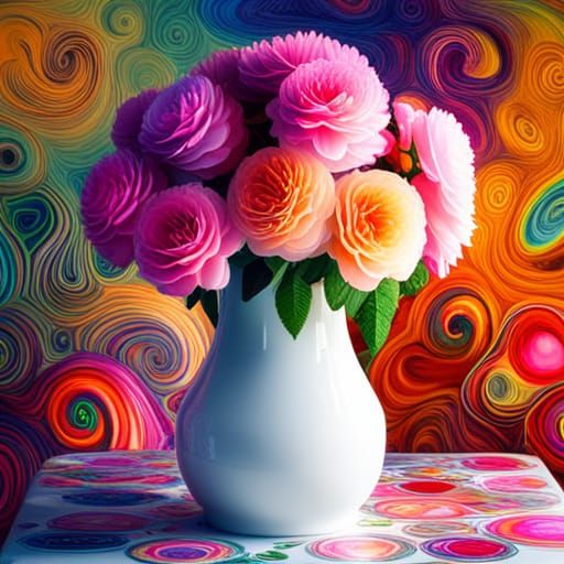 roses of psychedelic colors in a white vase 8K resolution dynamic lighting DSLR retouched beautiful cosmic colorful hyperdetailed psychedeli...
