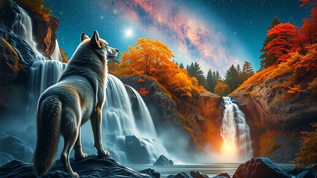 A majestic wolf stands on a rocky outcrop, gazing at a waterfall in Autumn. The waterfallis the main focusof the image. The scene is rendere...