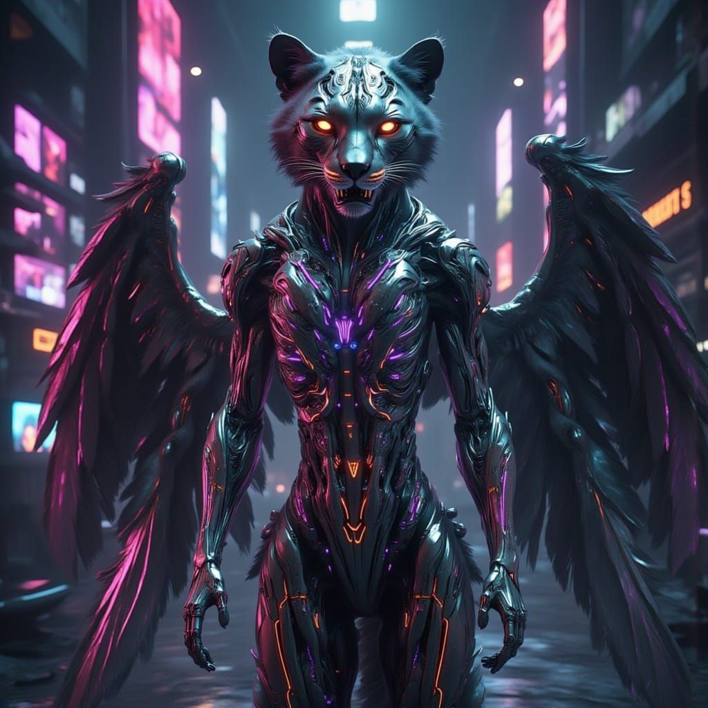 <lora:Beast Wars:1.0> Humanoid cheeta, lithe build, sharp teeth, wearing cybernetic armor, large feathered wings with metallic purple and bl...