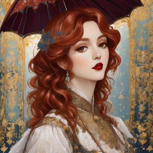 <lora:Portrayal_:1.0> Klimt painting of a beautiful pre-raphaelite girl with long red hair looking at us with challenging eyes as she turns...