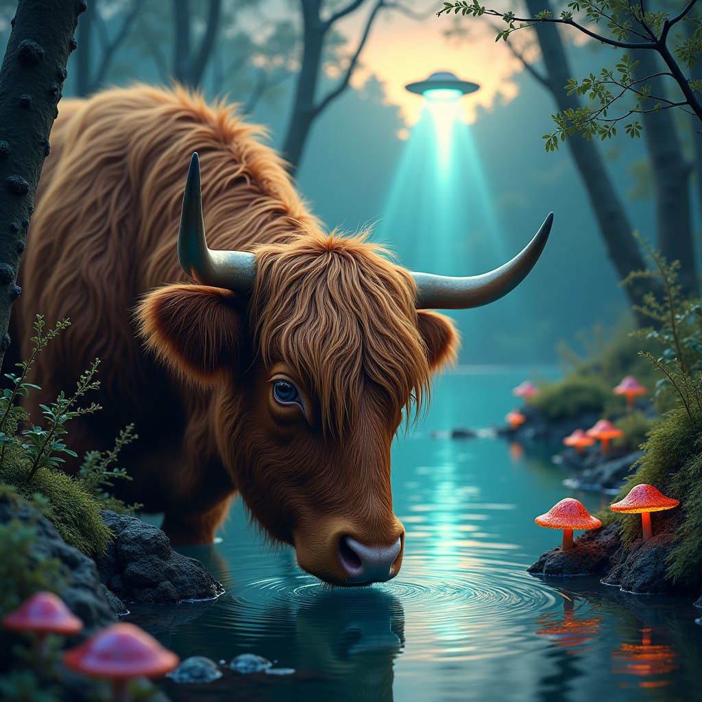 A highland cow drinking from a stream about to be abducted by aliens  by @Tina Shaskus