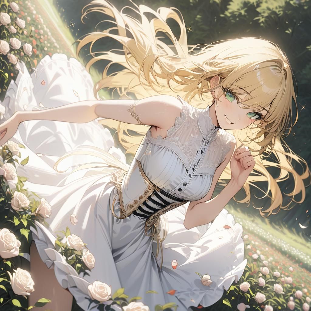 Girl in White Dress Running Through Rose Field