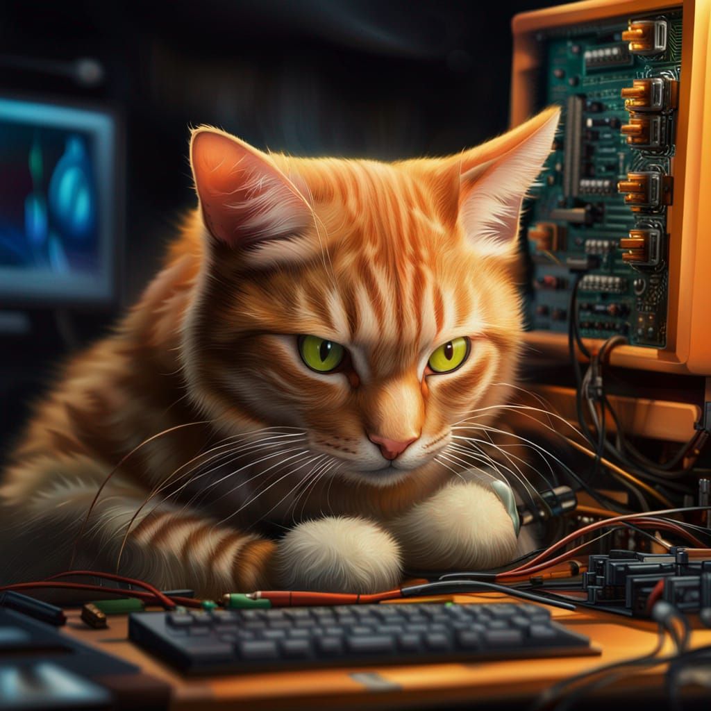 Orange Tabby Cat as a Computer Technician fixing a gaming computer  by @Tyler Clements