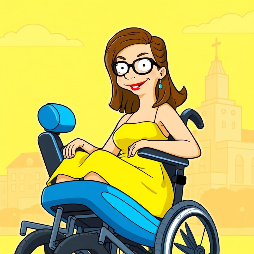 brunette young woman with glasses in power wheelchair in the...