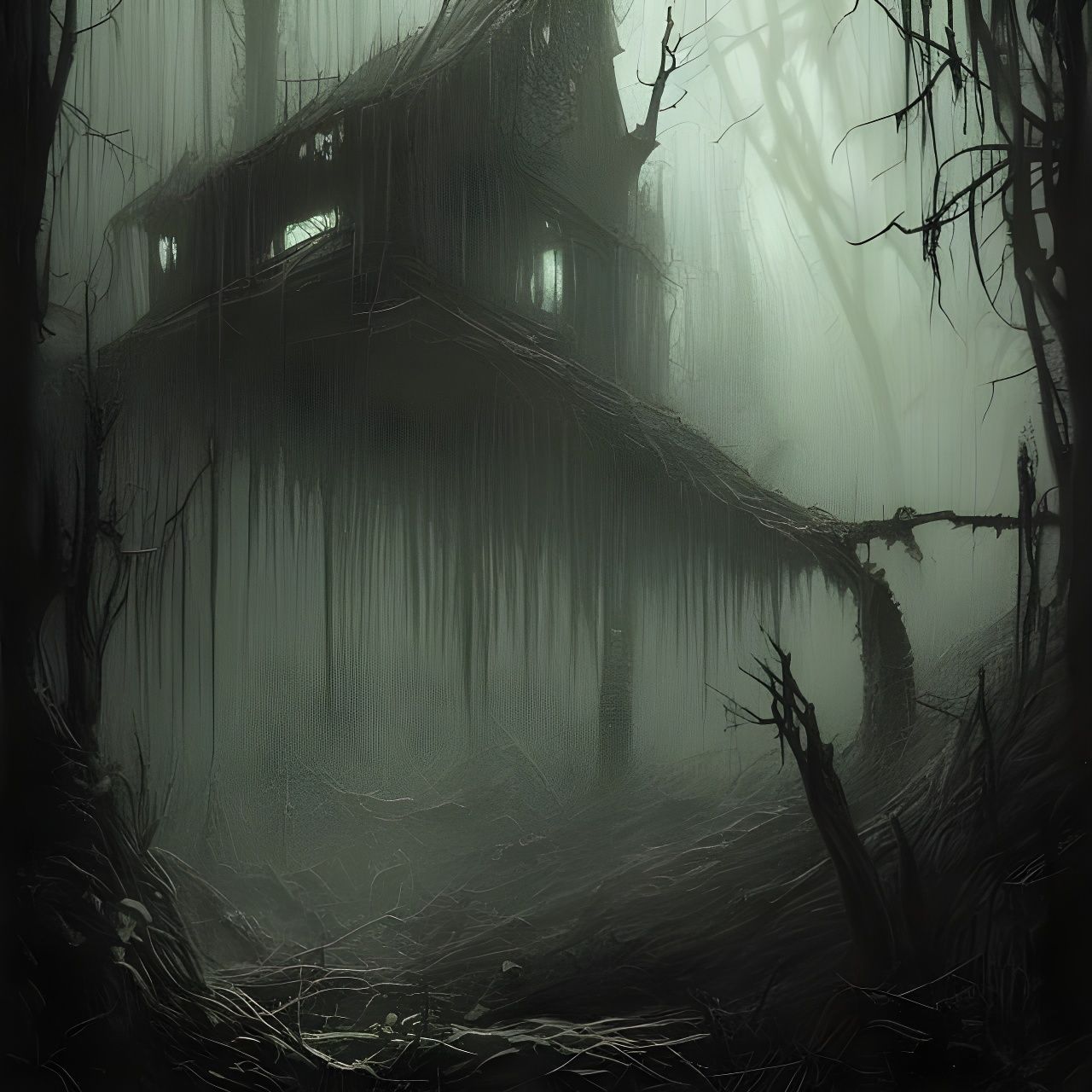 Deep within a dense, foreboding forest, an old, decrepit cabin stands alone amidst the twisted, moss-covered ...  by @Simos Chiras